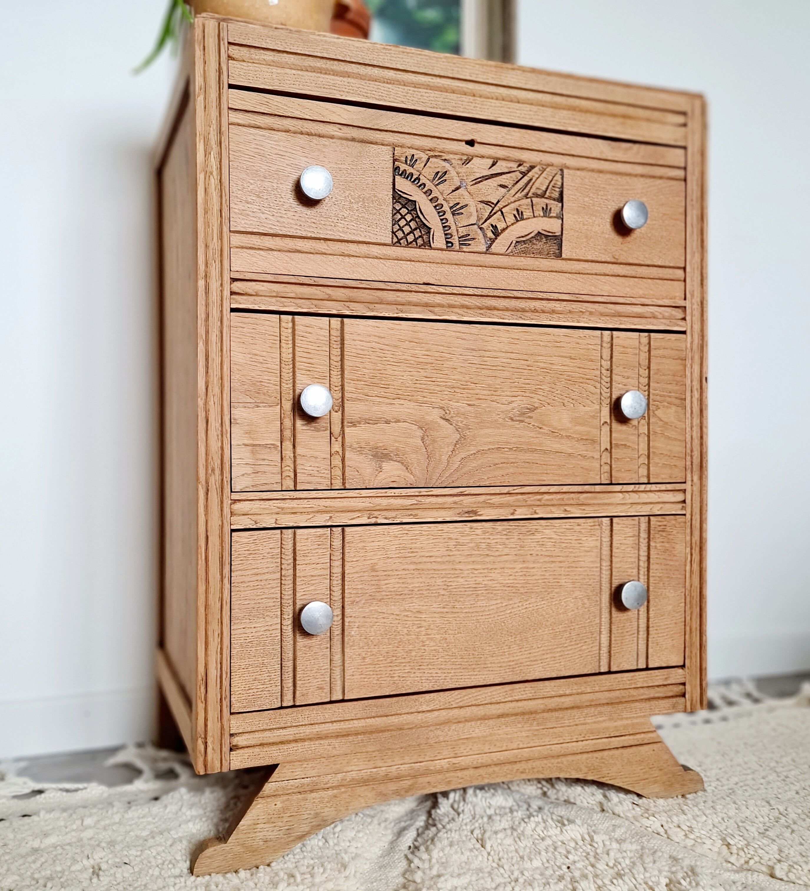 Art Deco chest of drawers curved legs raw wood