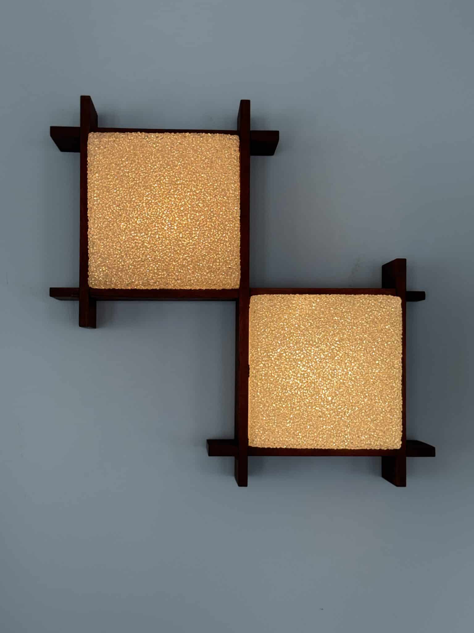 Pair of teak and Perspex wall lights – French work, circa 1955-1965