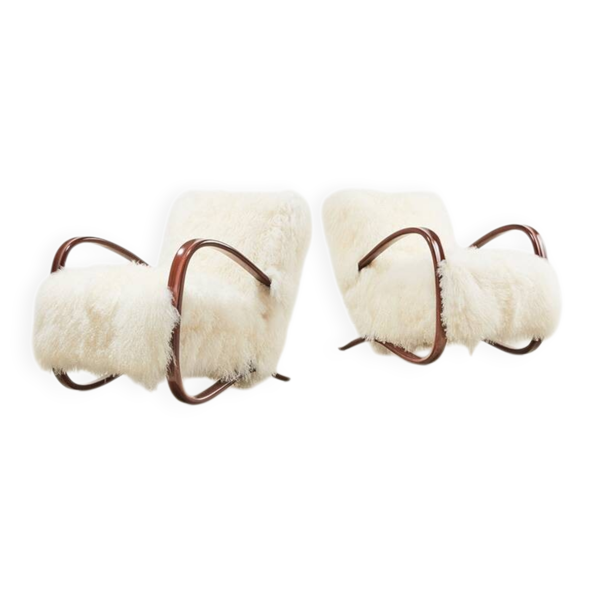 Pair of H-269 lounge chairs in Mongolian sheepskin, Jindrich Halabala, 1930s
