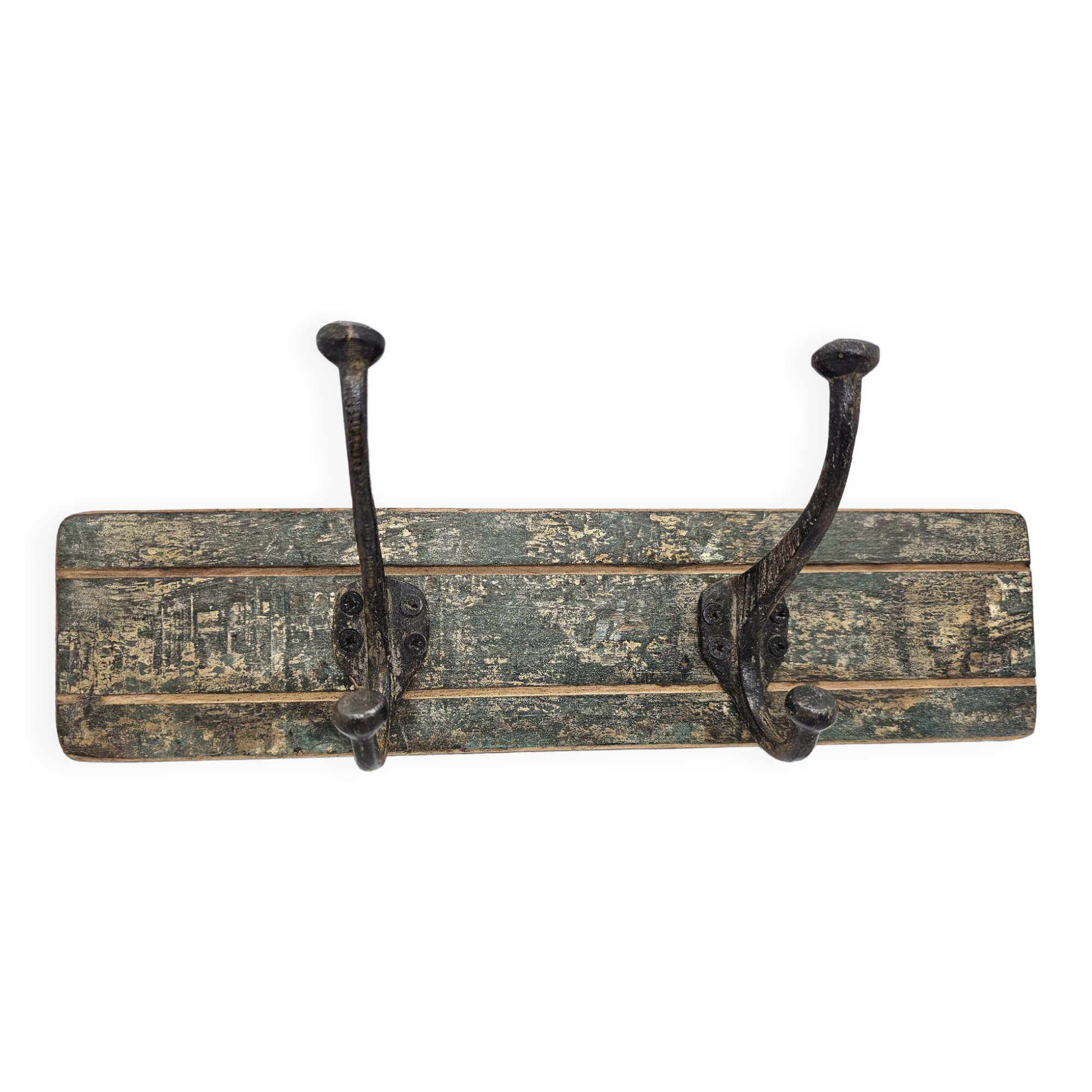 Solid teak coat hook with 2 double cast iron hooks