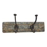 Solid teak coat hook with 2 double cast iron hooks