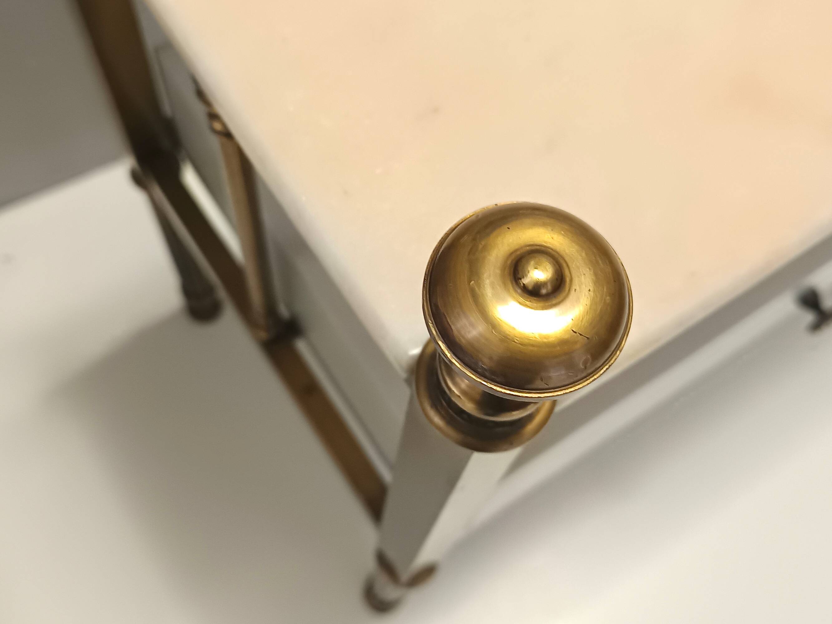 Pair of Brass and White Lacquered Nightstands with Marble Tops, Italy