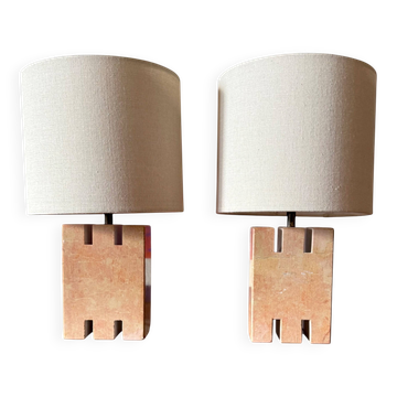 Hollywood regency pink marble set of 2 table lamps, France 1970s
