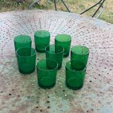 8 glasses of water or wine, straight, in green glass, cups, stamps chantovent vin de pays france
