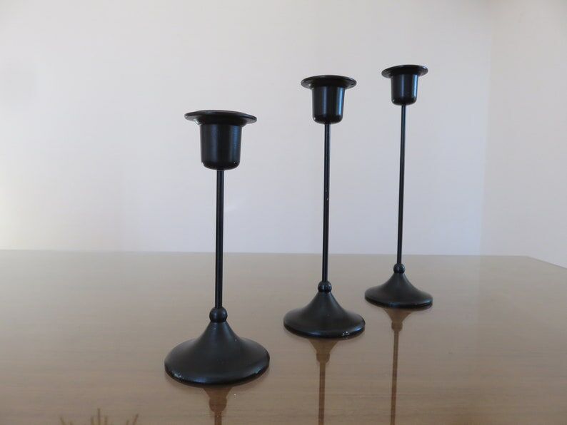 Series of 3 Scandinavian candle holders in black lacquered metal 60s 70s