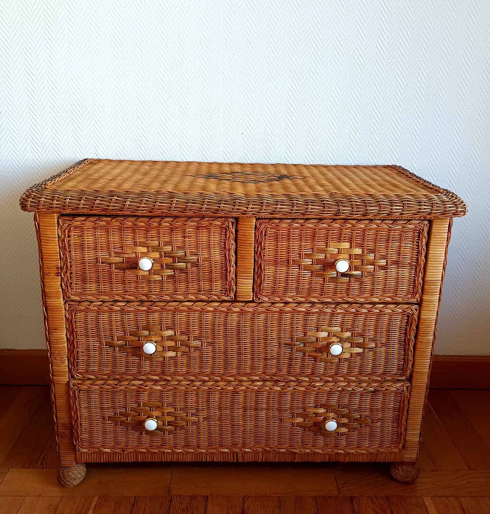 Commode en rotin vintage 1970