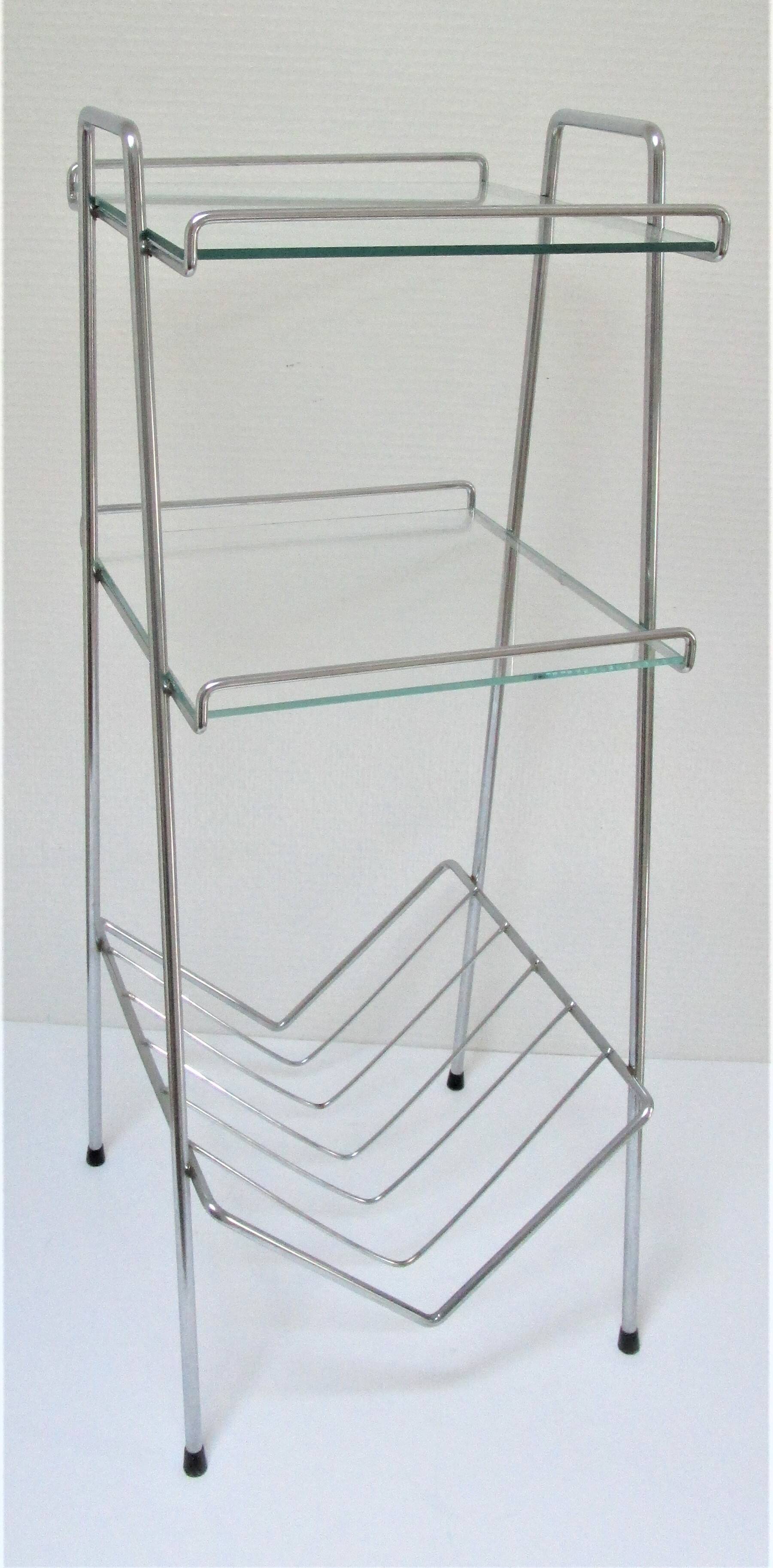 Chrome metal glass saddle shelf magazine rack 70s