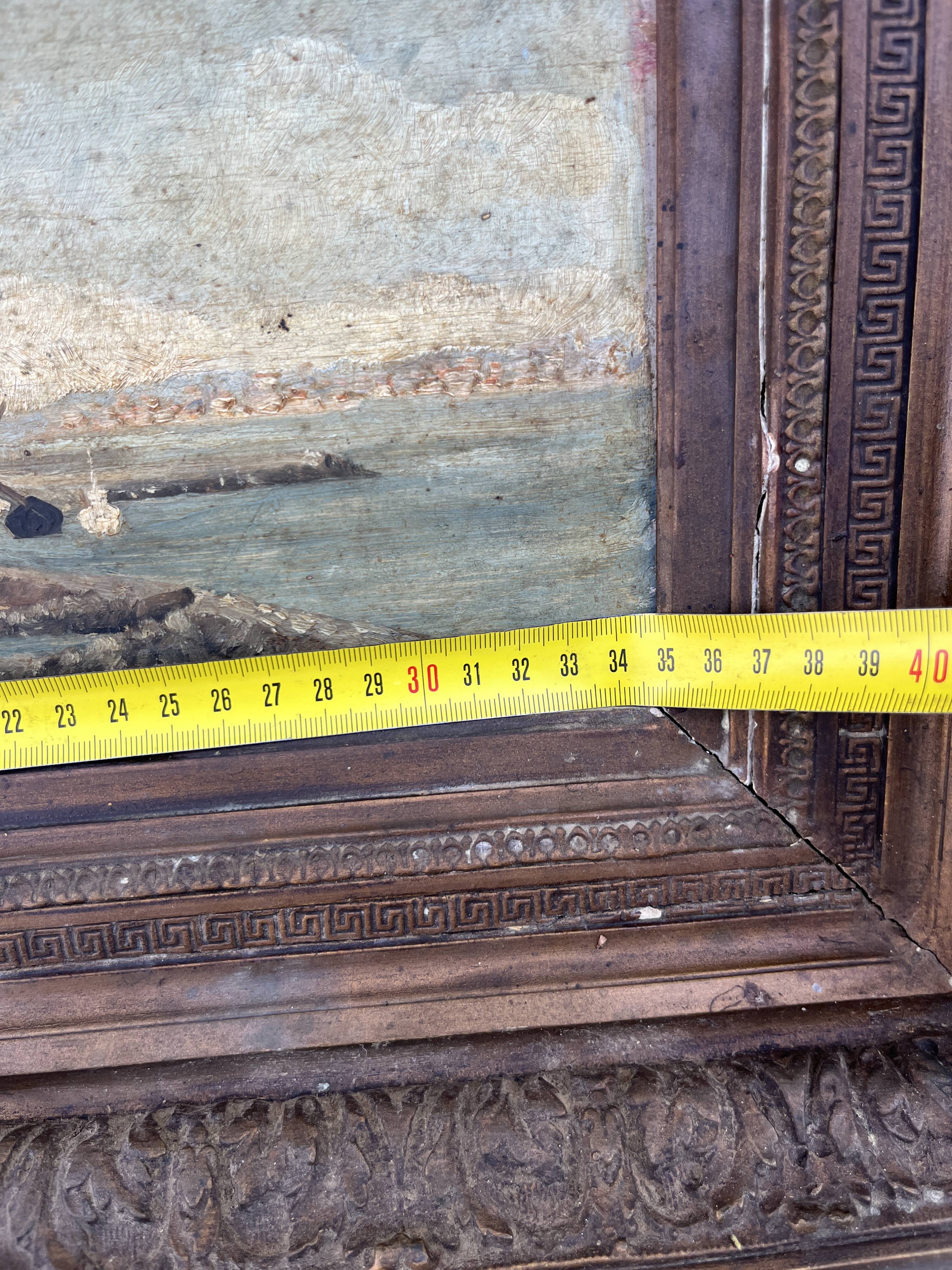 Beautiful painting of a port landscape and its old 19th century frame