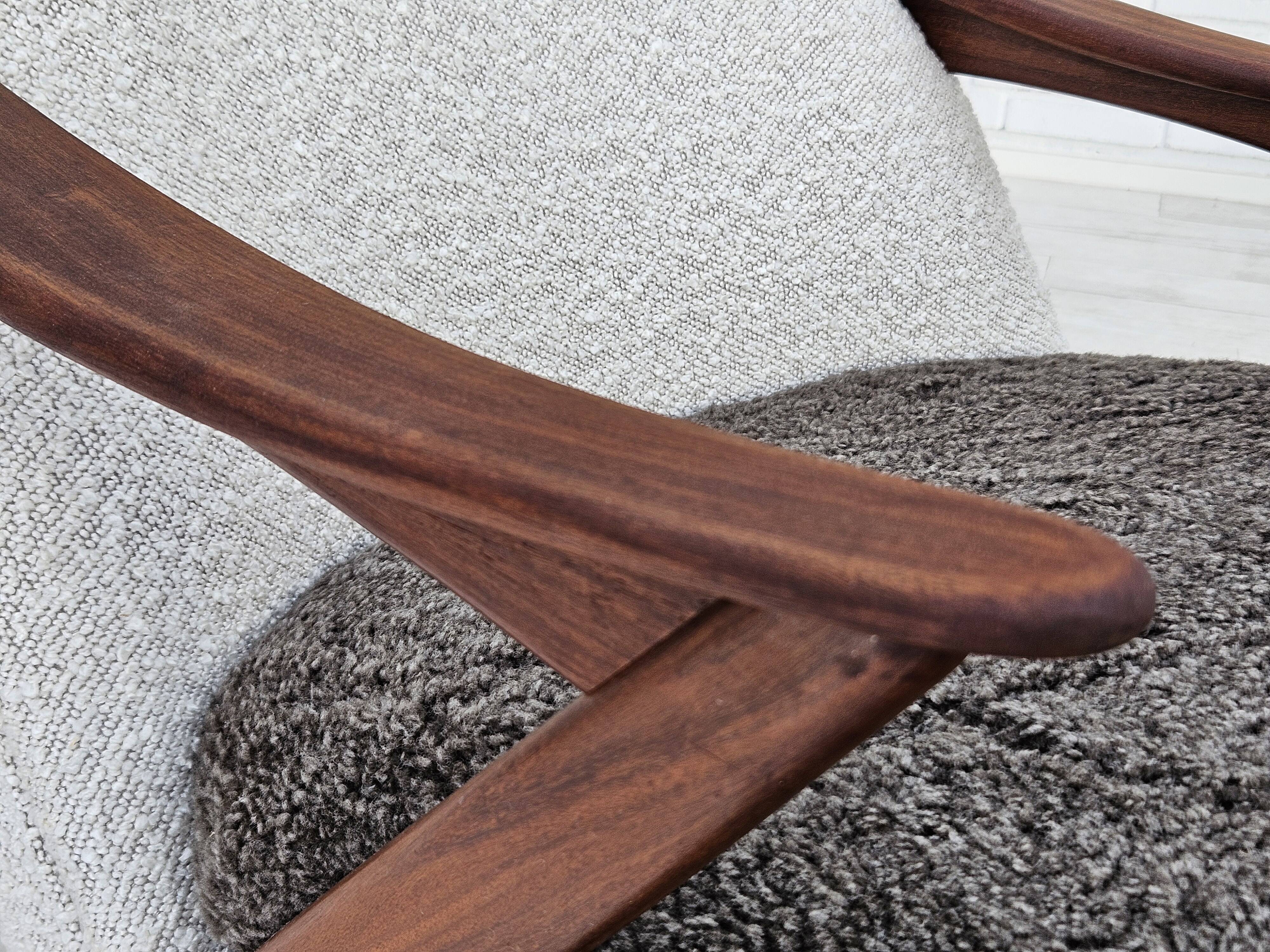 1960s, Scandinavian design, reupholstered armchair, furniture fabric, genuine sheepskin, teak.