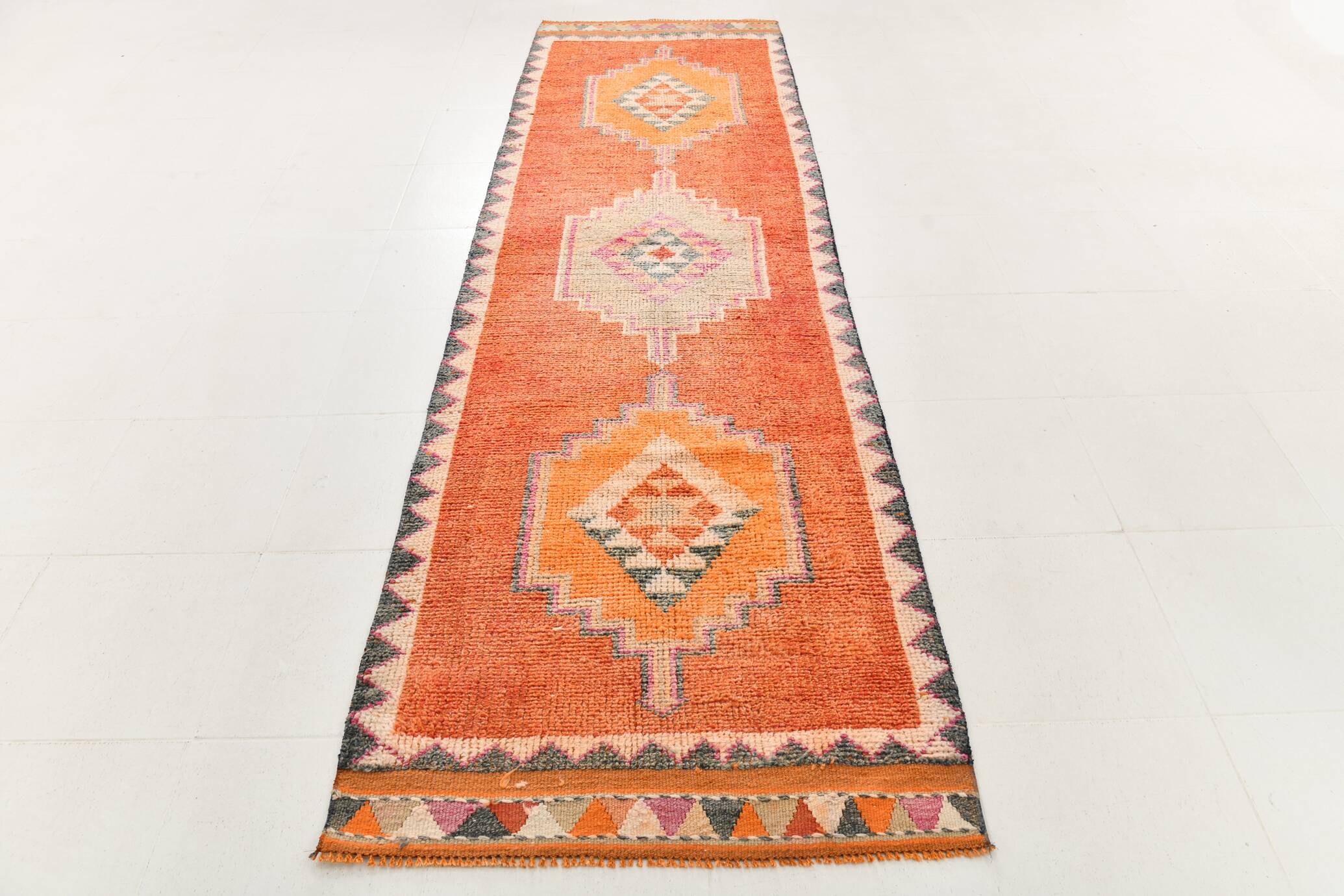 3x11 Burnt Orange Handknotted Hallway Rug, Turkish Vintage Runner Rug