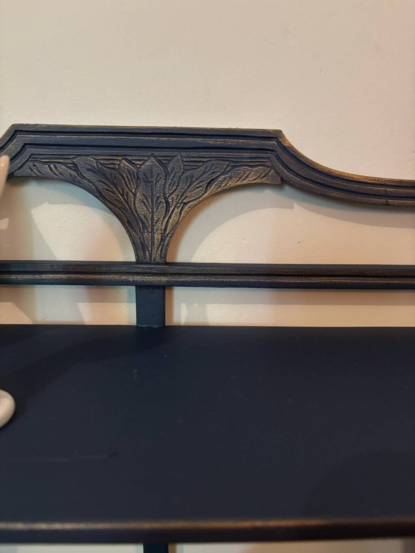 Small vintage shelf reimagined in midnight blue & gold, curiosity cabinet.