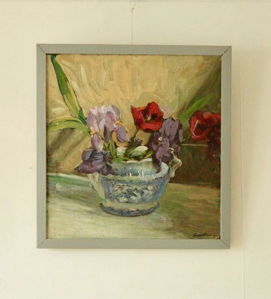 Original Swedish floral still life oil on panel painting