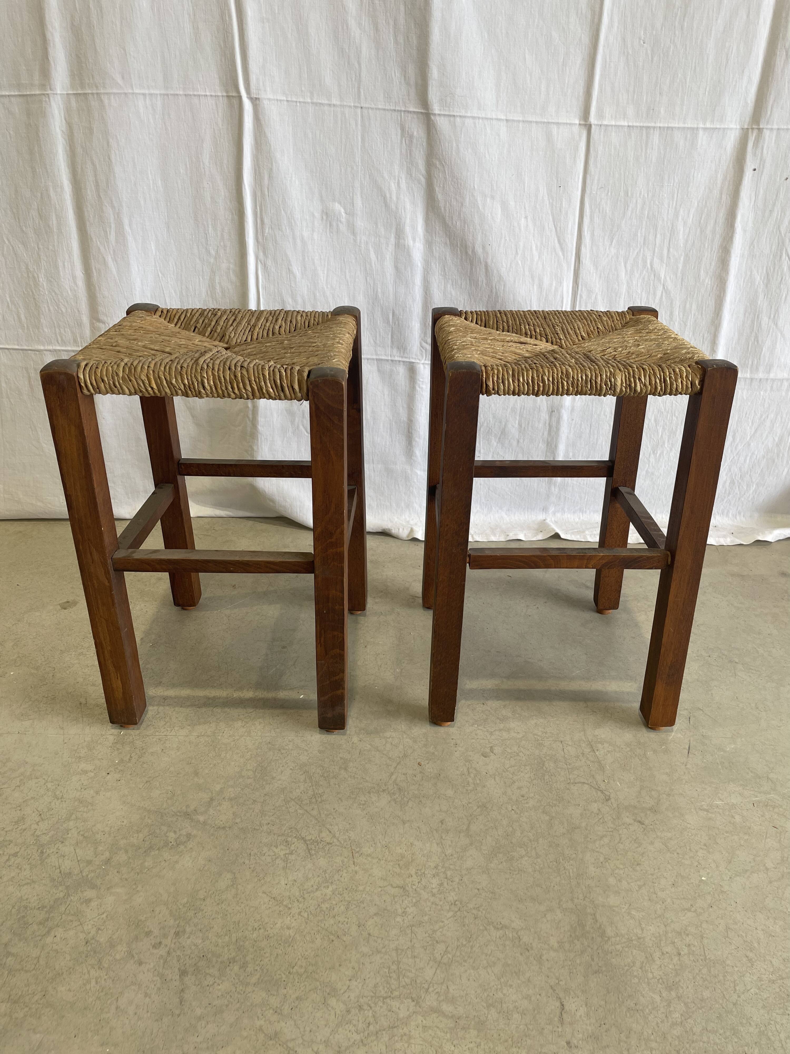 Pair of straw and wood stools