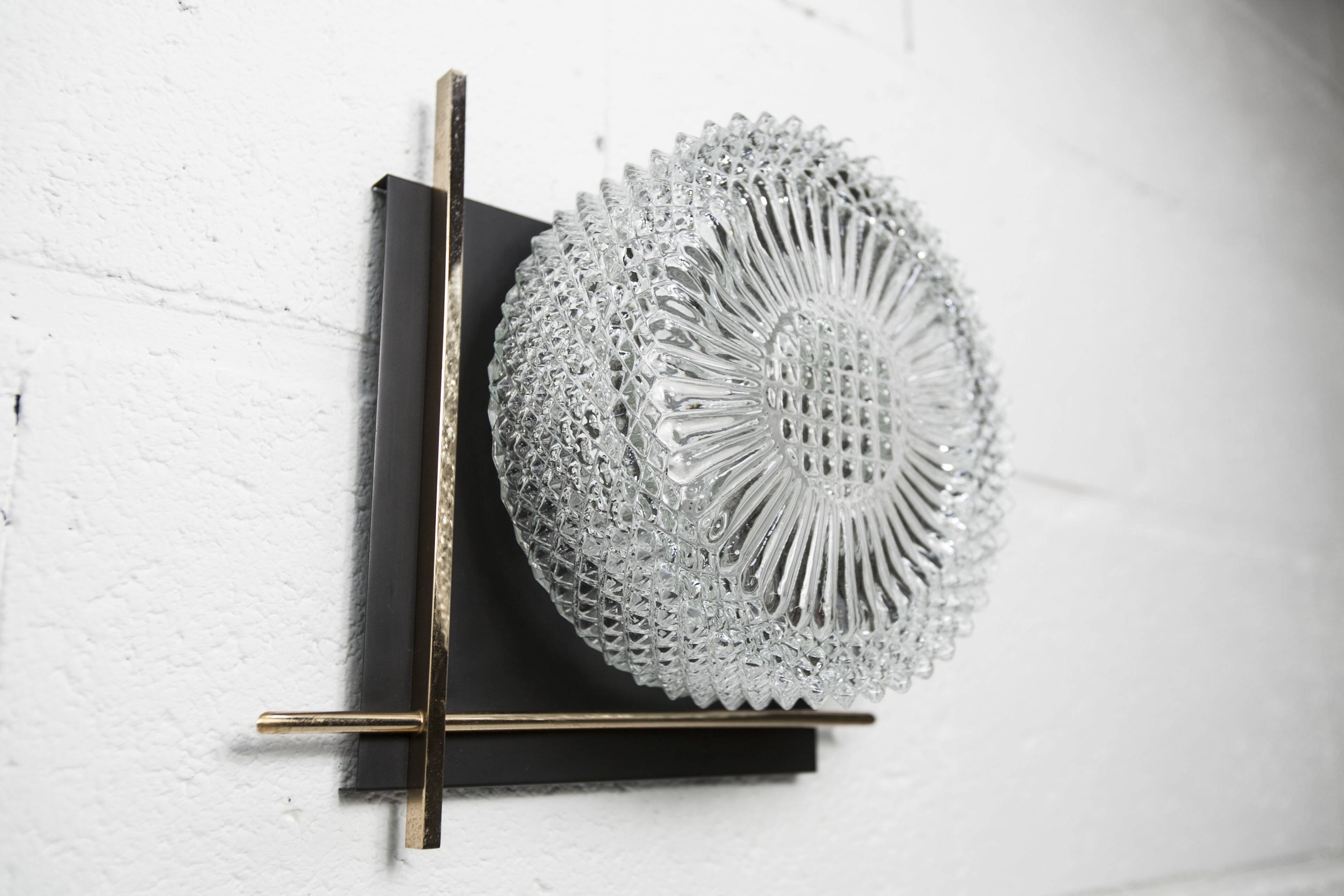 1960 wall light, black metal glass and gold brass rods
