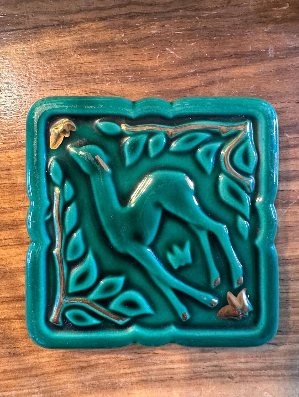 Vintage Emerald Green Ceramic Bottle Holder - Deer & Gold Decor
