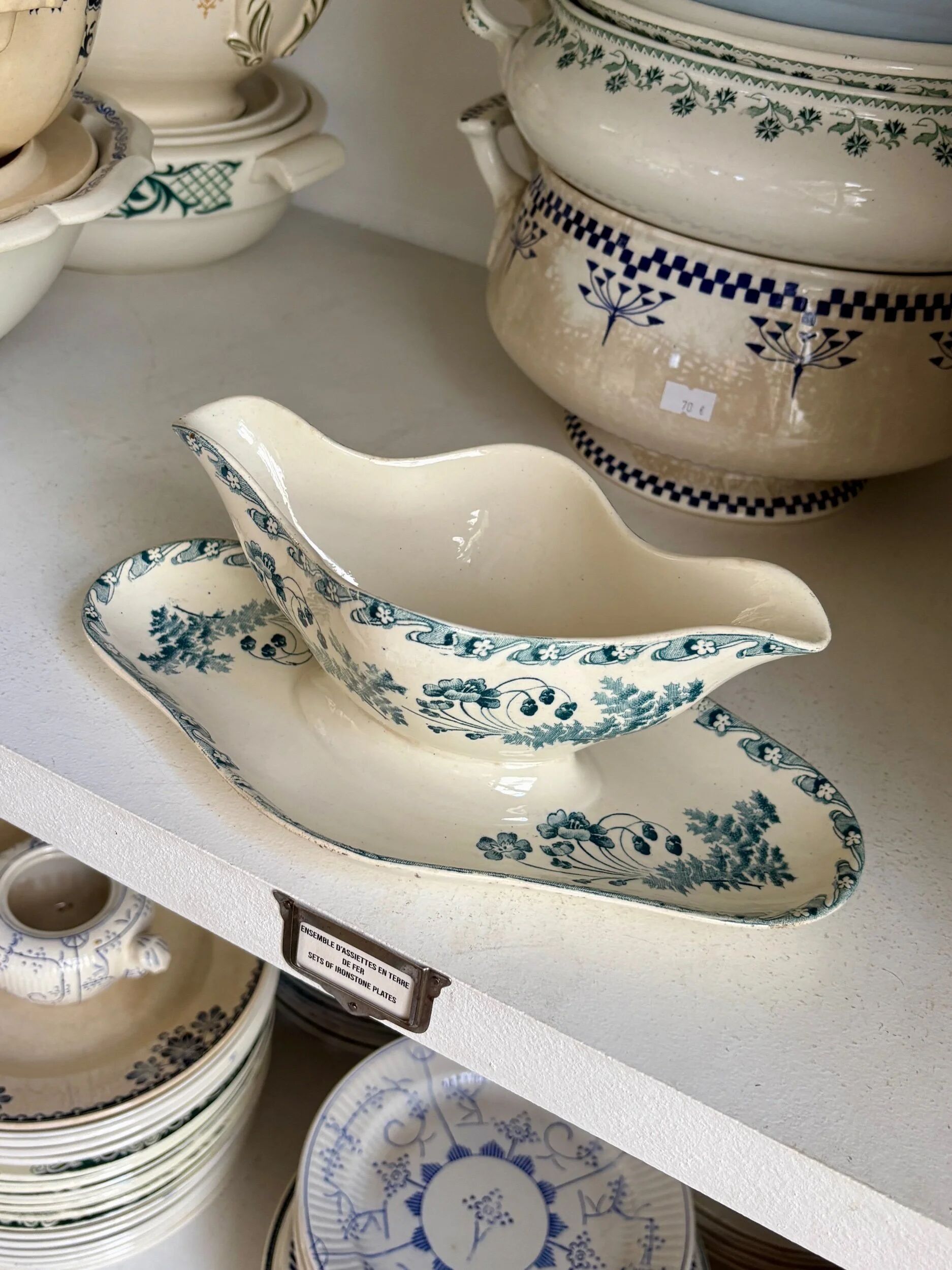 Longwy sauce boat in blue ironstone, "Chartres" service.