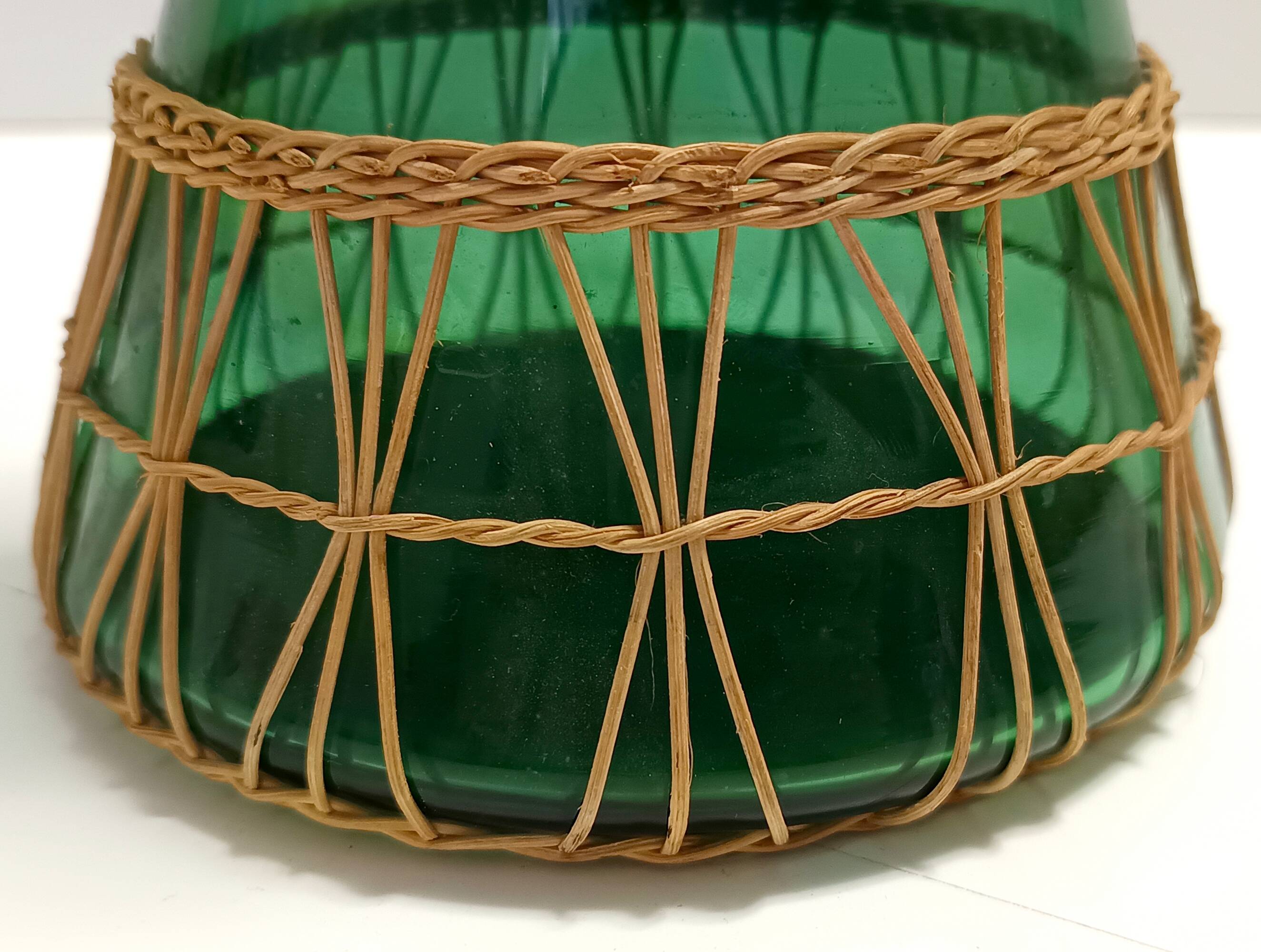 Green Hand Blown Glass and Wicker Jug / Vase, Empoli, Italy