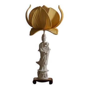 Lampe de table vintage en porcelaine chinoise avec abat-jour floral jaune, milieu du 20e siècle