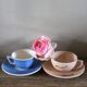 2 coffee cups and saucers pink Digoin Sarreguemines blue Villeroy Boch