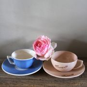 2 coffee cups and saucers pink Digoin Sarreguemines blue Villeroy Boch