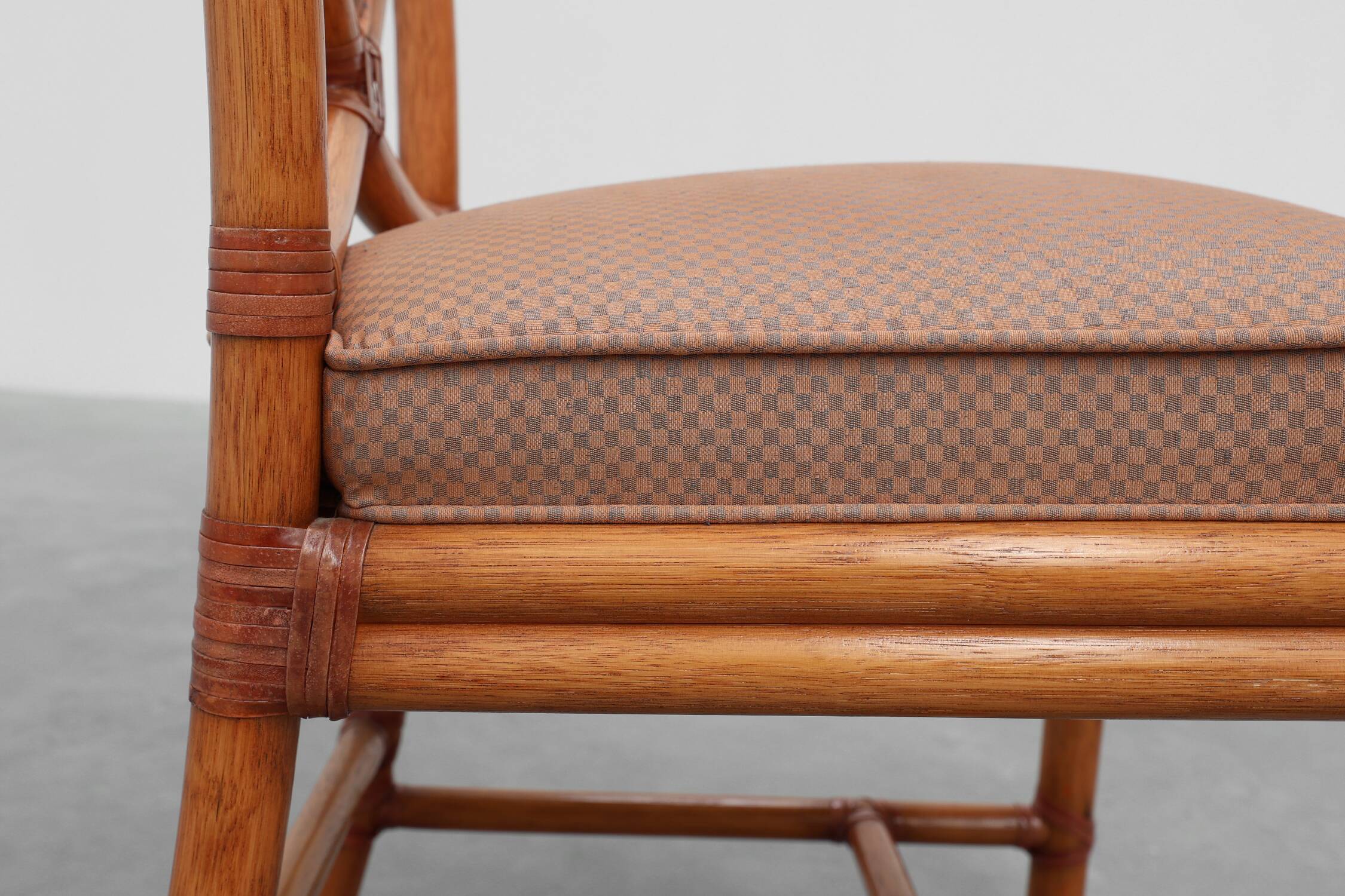 Set of 6 bamboo dining room chairs with geometric upholstery by Gasparucci