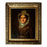 Tableau à l'huile ancien encadré d'or représentant le portrait d'une dame au chapeau