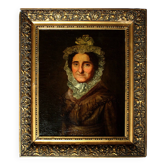 Tableau à l'huile ancien encadré d'or représentant le portrait d'une dame au chapeau