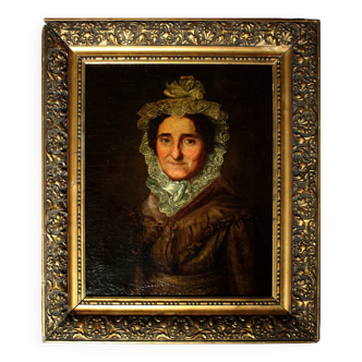 Antique Gold Framed Oil Painting of Portrait of a Lady in Bonnet