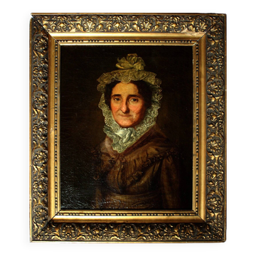 Antique Gold Framed Oil Painting of Portrait of a Lady in Bonnet