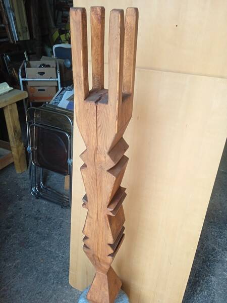 Brutalist ethnic sculpture / Totem, solid wood on base