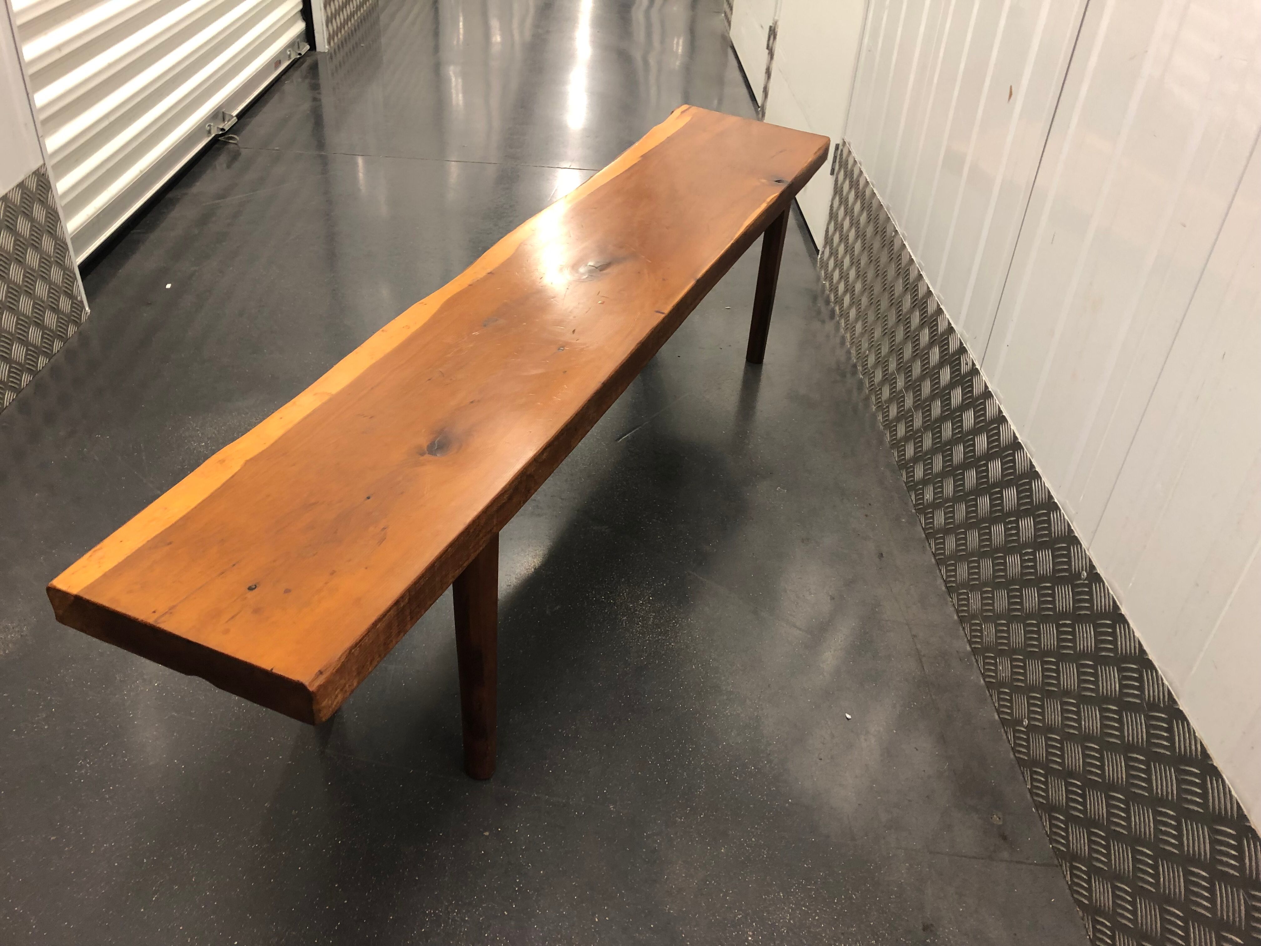Wooden yew timbered bench stamped Reynolds of Ludlow, circa 1960