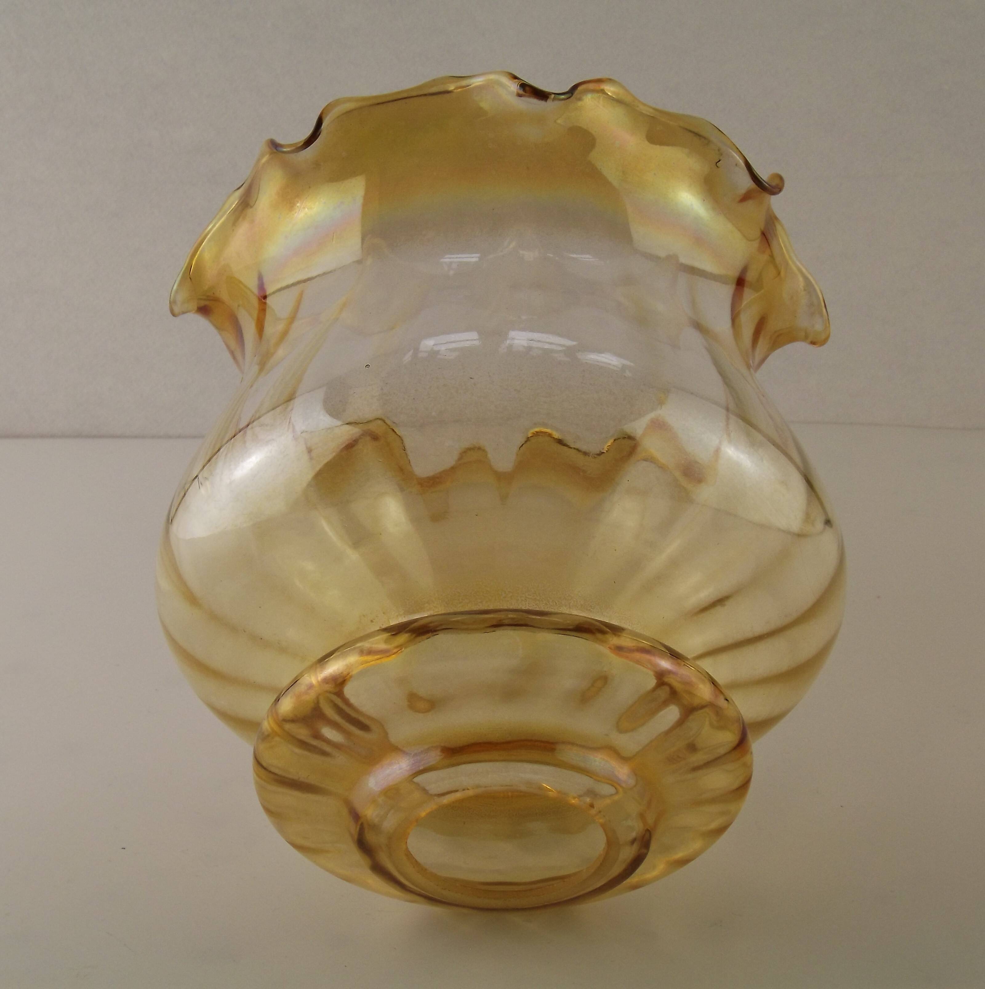 Large Mid Century Amber Glass Light Shade With Ribbed Effect & Frilled Edge