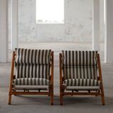 Mid-century dining/lounge chairs in pine and striped cotton canvas, Denmark, 1970s.