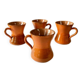 4 large orange enameled ceramic cups, signed