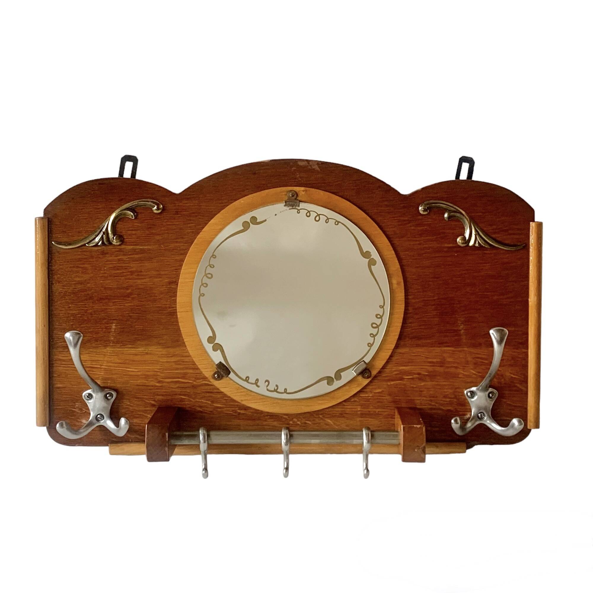 Art Deco wooden wall coat rack with round central mirror