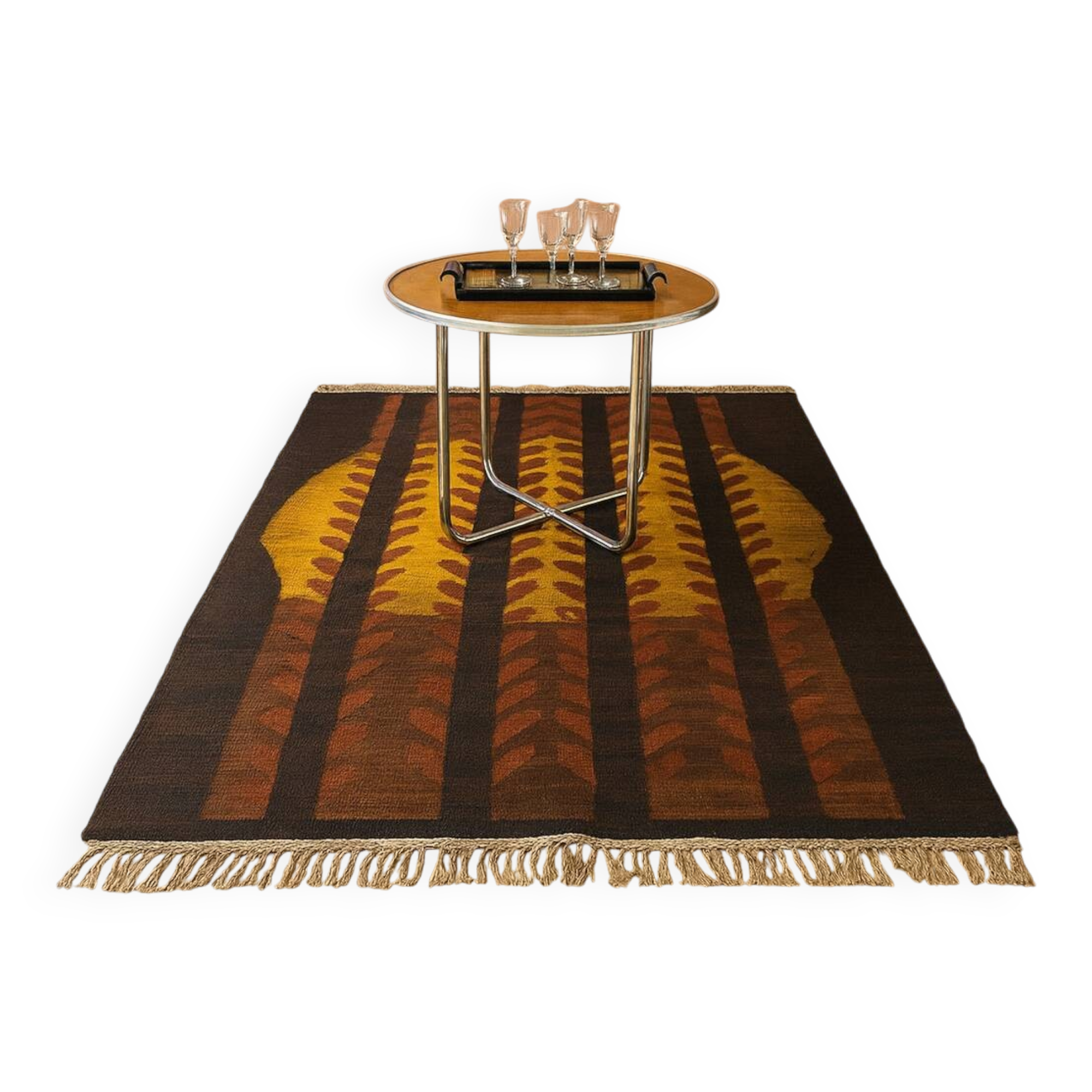 Tapis kilim en laine vintage design Maria Janowska (Zachód) coucher de soleil