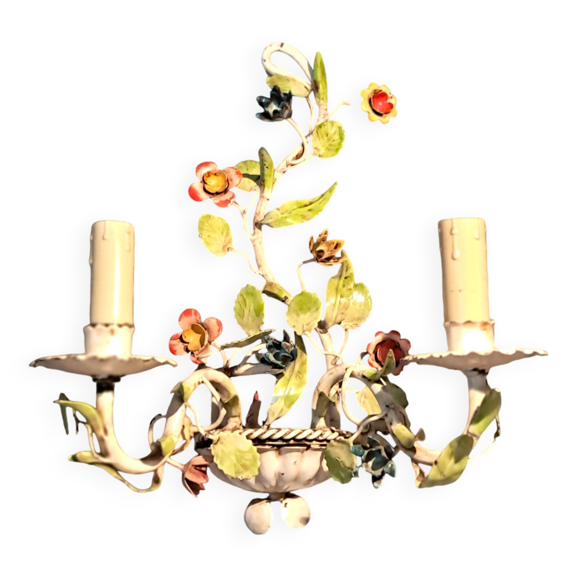 Two-light polychrome painted wrought iron wall lights, Italy 1950/1960.