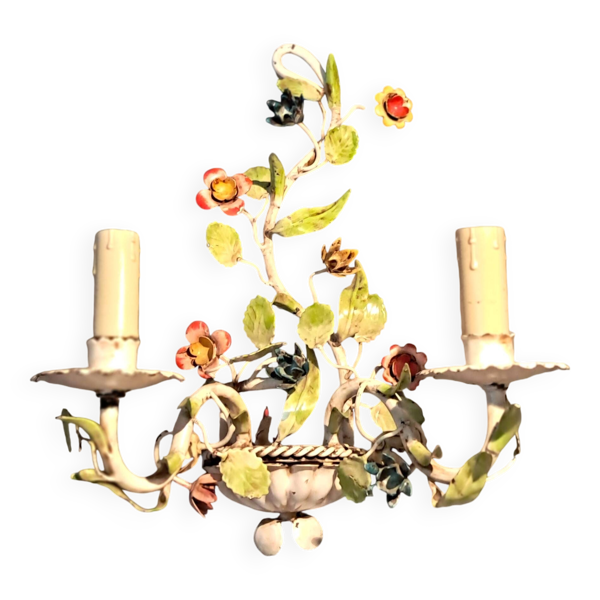 Appliques en fer forgé polychrome à deux lumières, Italie 1950-1960