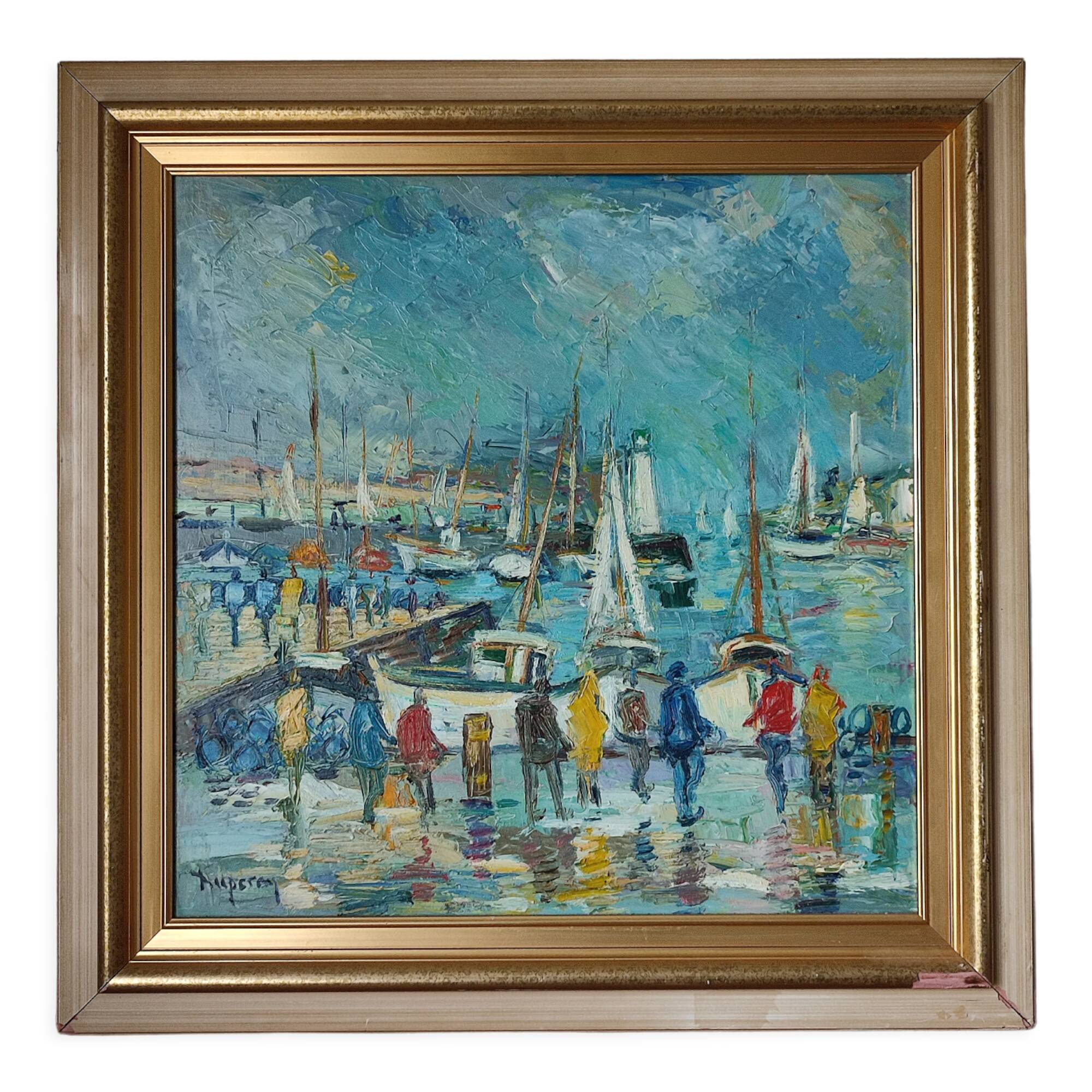 Oil painting on panel Alain Duperay port Breton, arrival of the fishermen