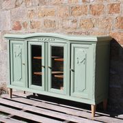Renovated vintage sage green enfilade – wooden legs & bevelled display cabinets