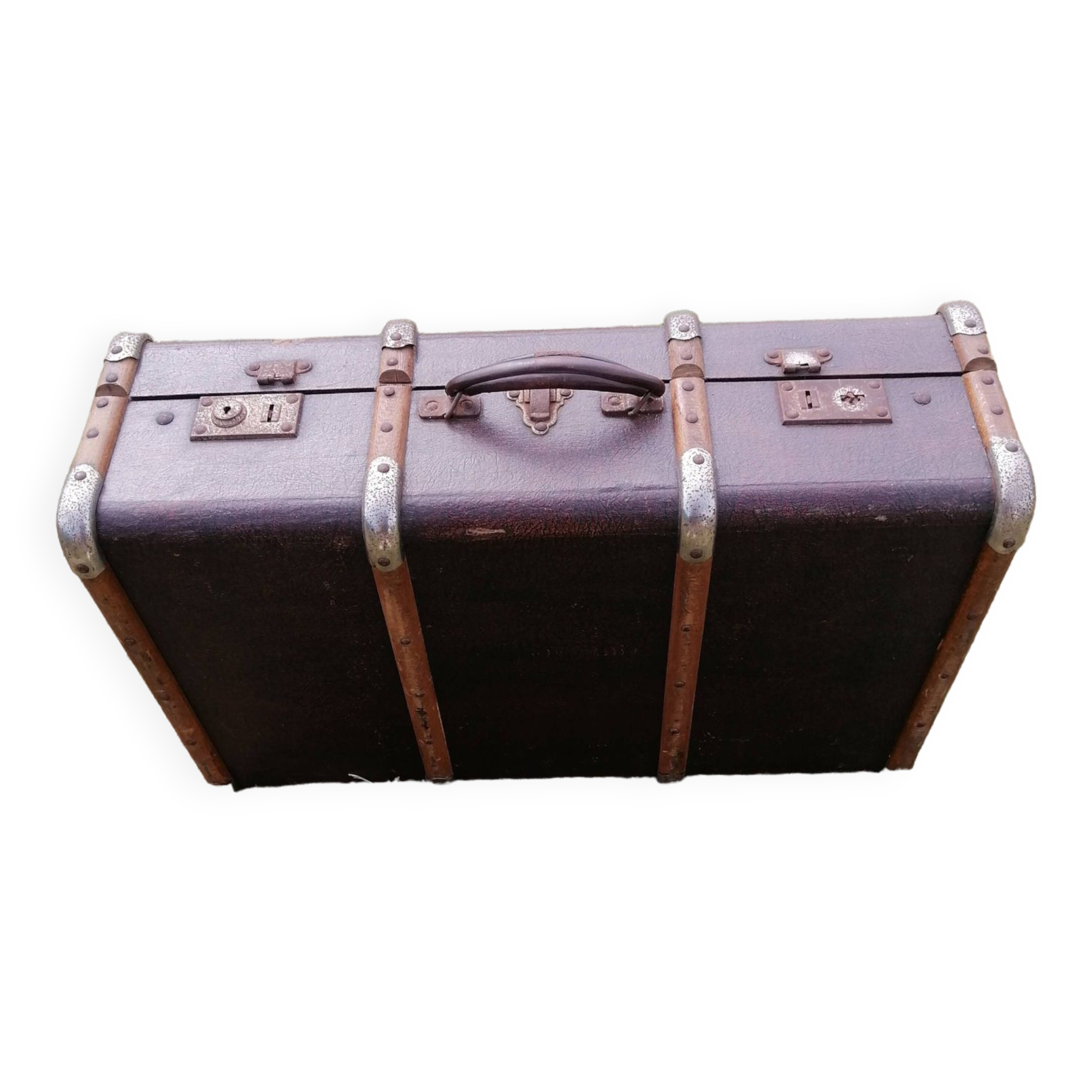 Antique suitcase in leather wood and vintage metal