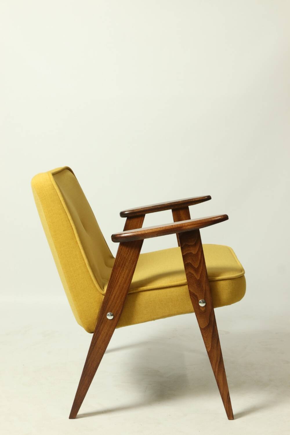 Vintage armchair plush yellow velvet soft dark wood 1962 design by Chierowski