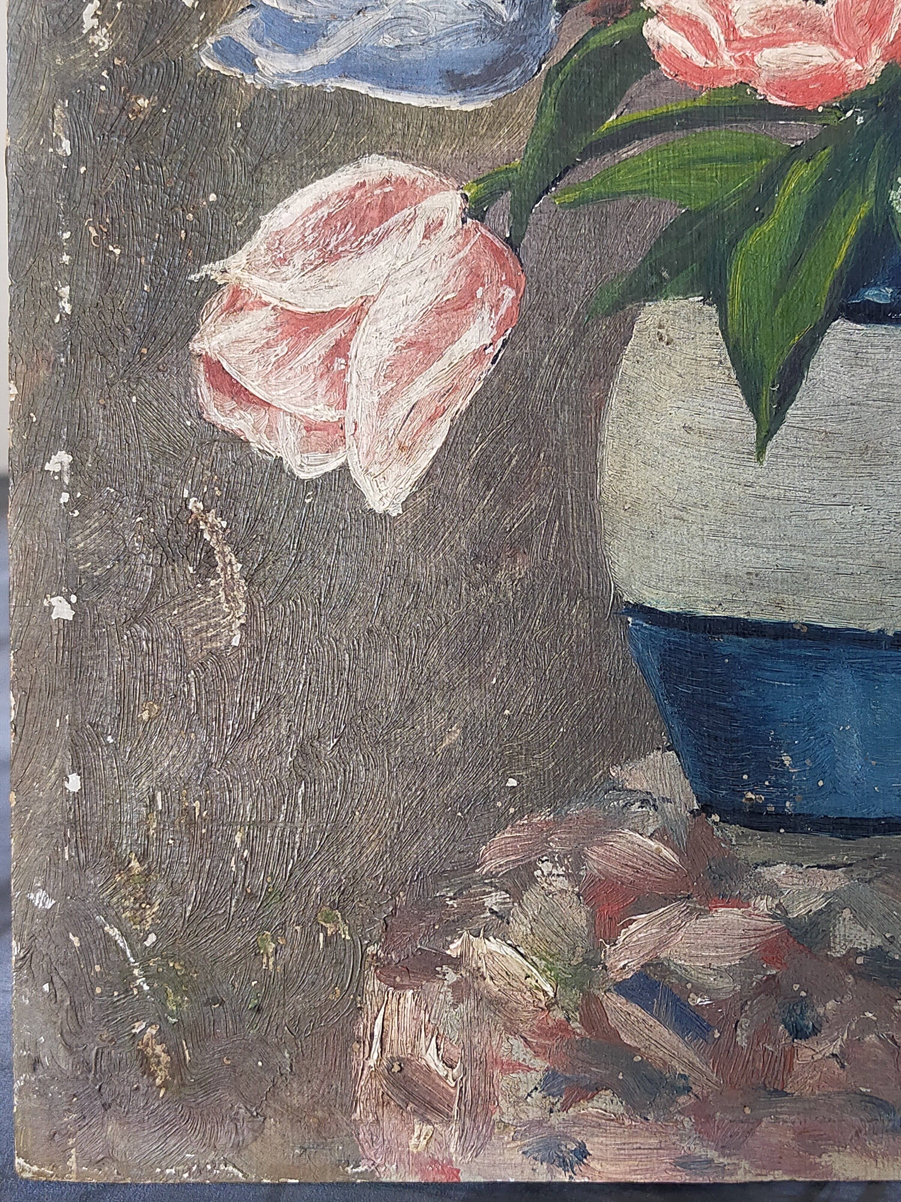 Table oil on cardboard the tulips hatched 30s