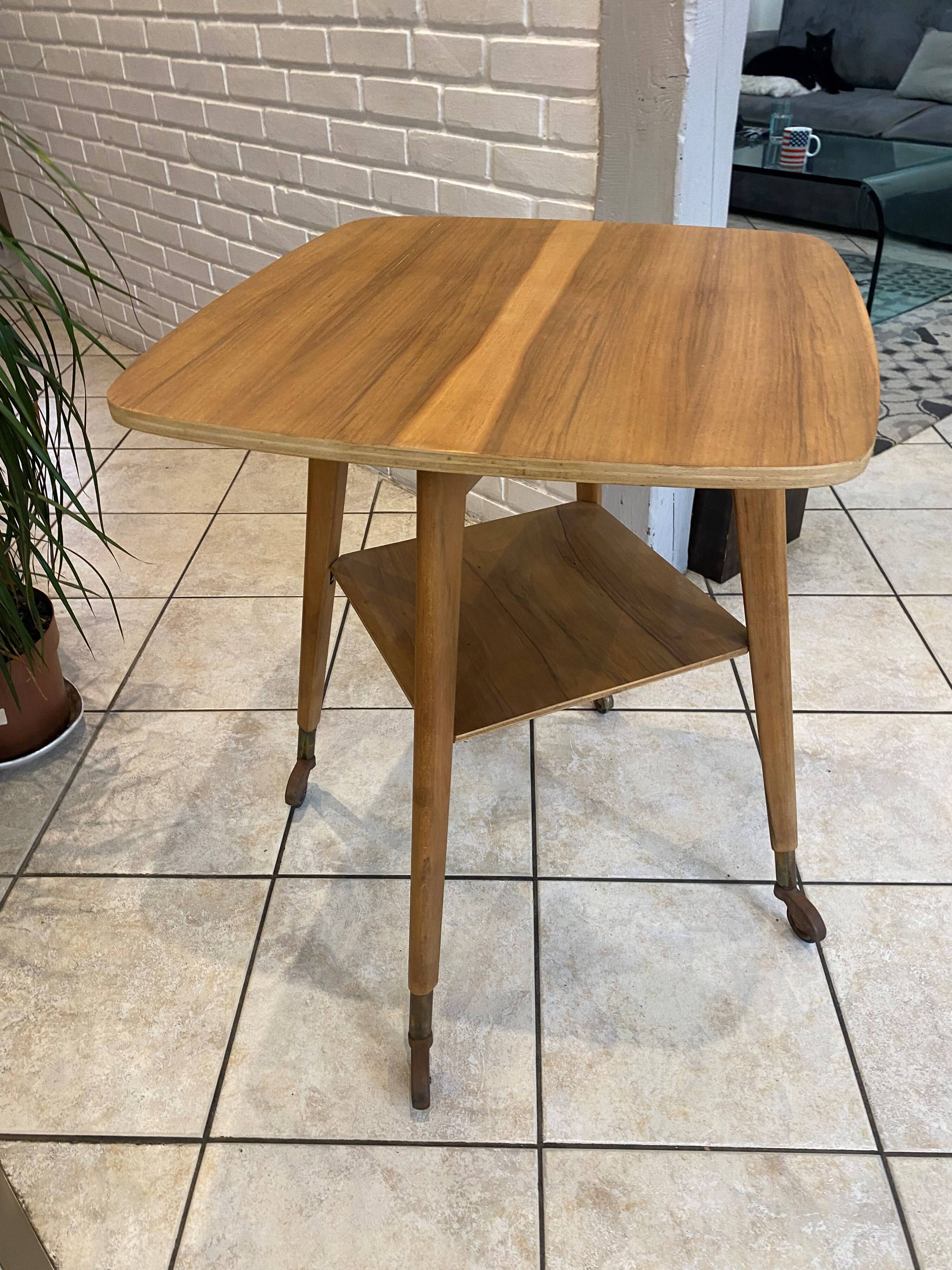 Scandinavian wooden side coffee table with vintage 50s swivel top