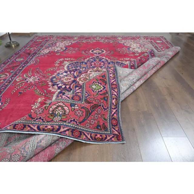 1970s Vintage Persian Handmade Wool Cotton Pink Area Rug  282x397