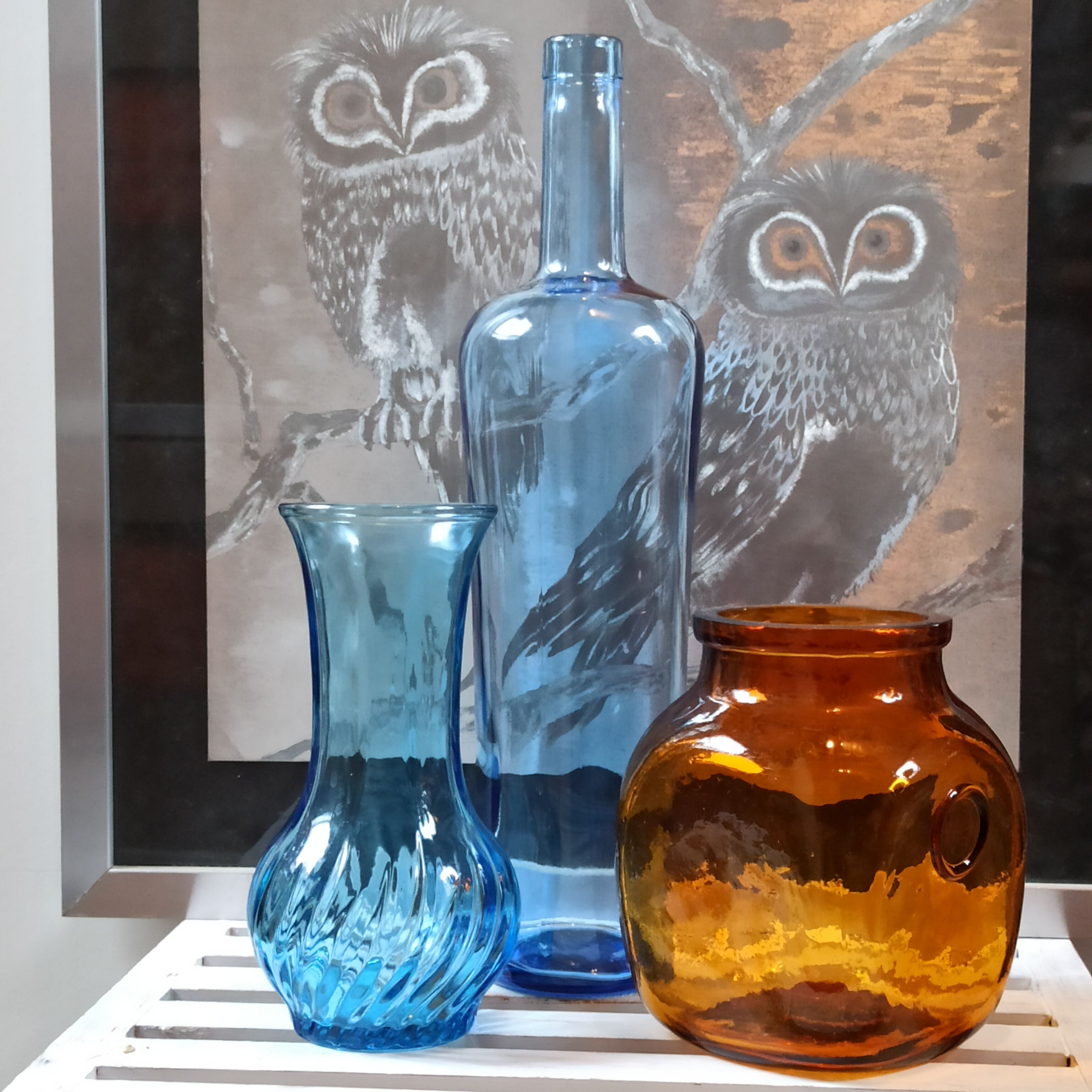 Trio vintage vase bottle and jar in amber and blue glass