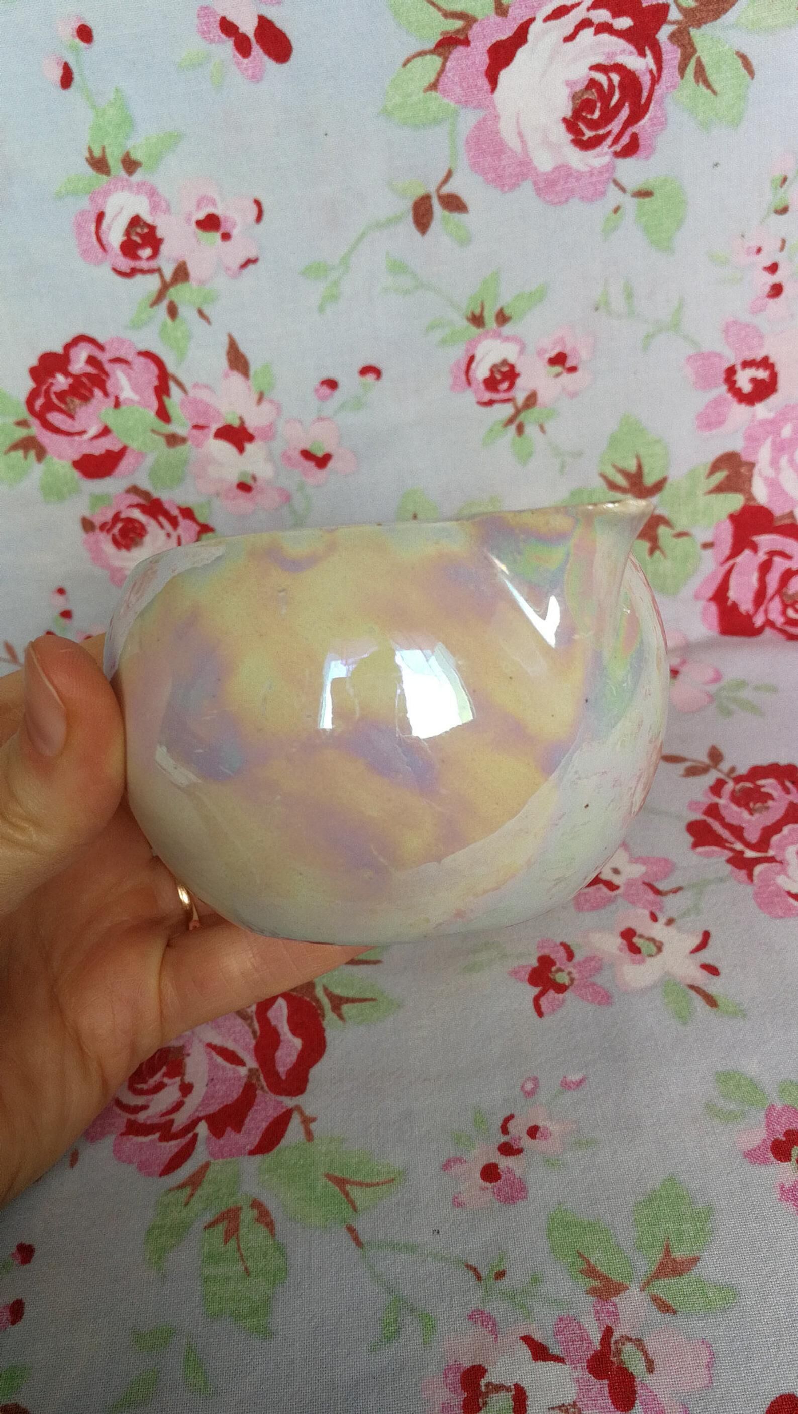 Round milk pot old vintage pink iridescent metallic art deco