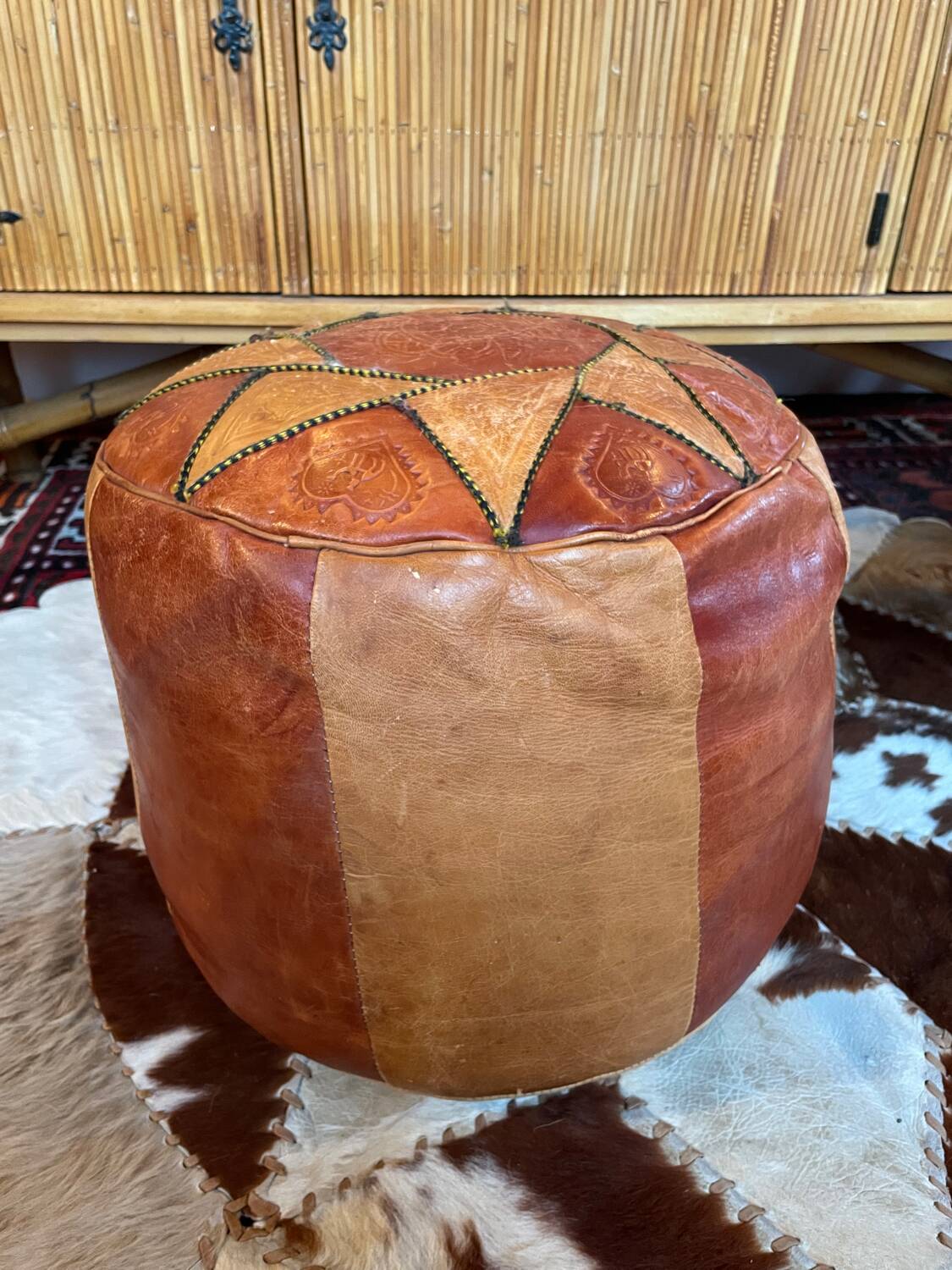 Vintage Berber leather pouf