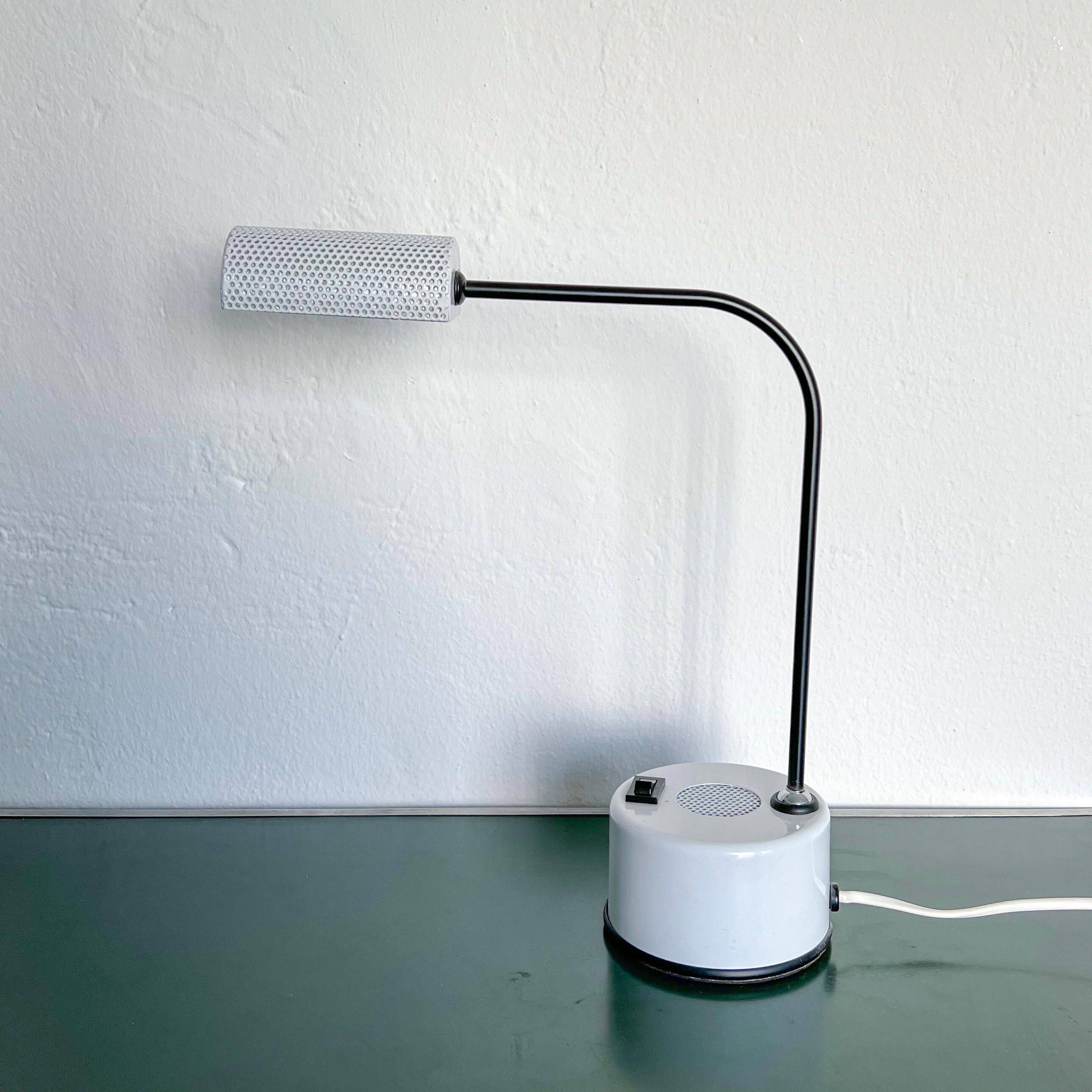 Vintage Italian Memphis Era Desk Lamp in White Perforated Metal, Orientable Arm