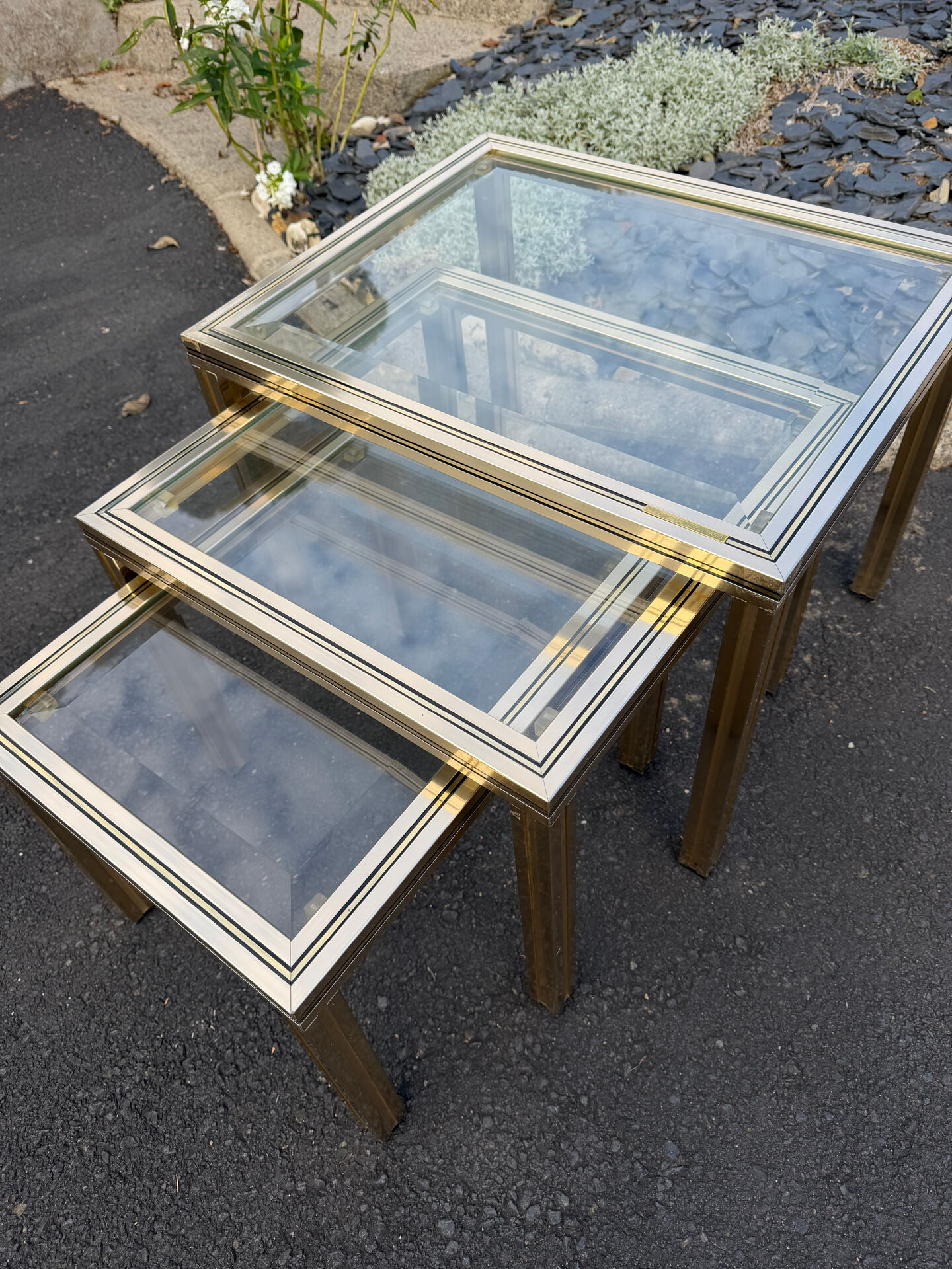 Nested tables by Pierre Vandel Paris in gilded metal and glass, 1970s.